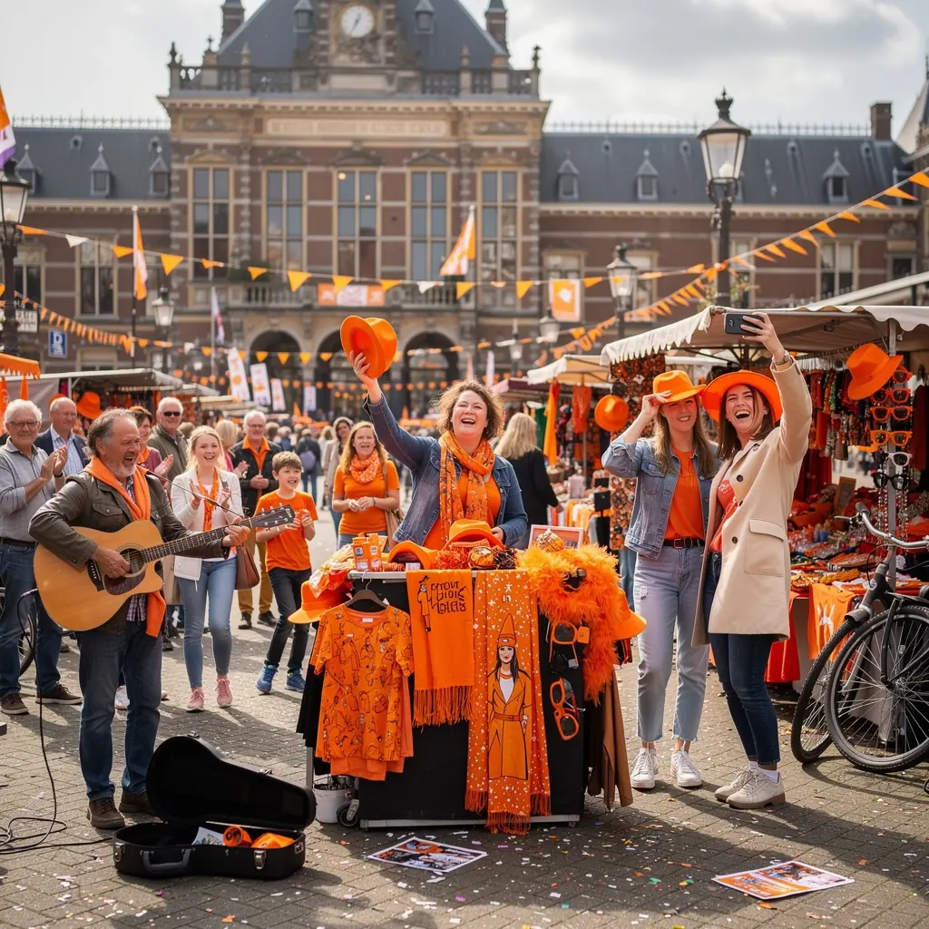Mensen in oranje kleding dansen op een levendig straatfestival ter gelegenheid van Koningsdag.