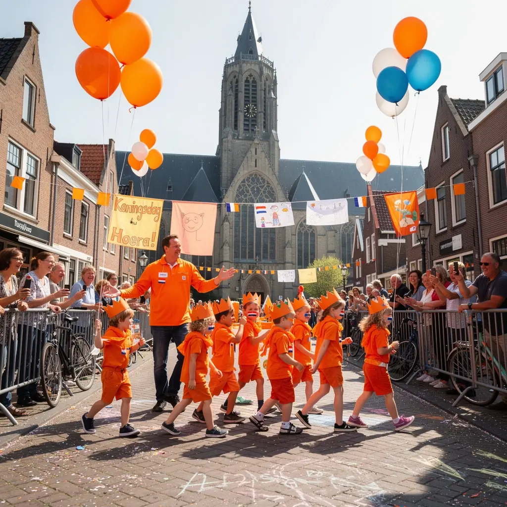 Een kleurrijke bootparade vaart door de grachten, versierd met oranje vlaggen en ballonnen.