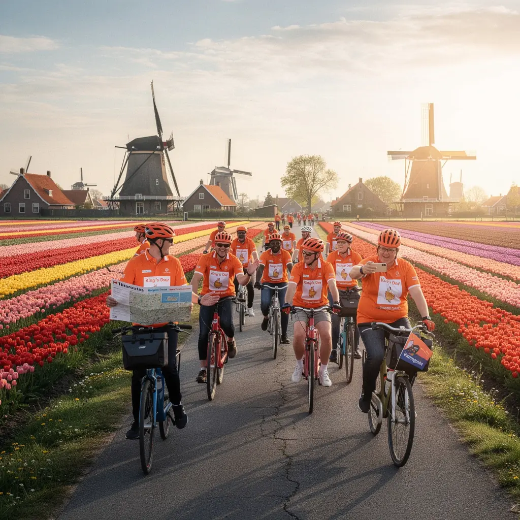 Een prachtig uitzicht op een traditioneel Nederlands dorp dat versierd is met oranje versieringen.